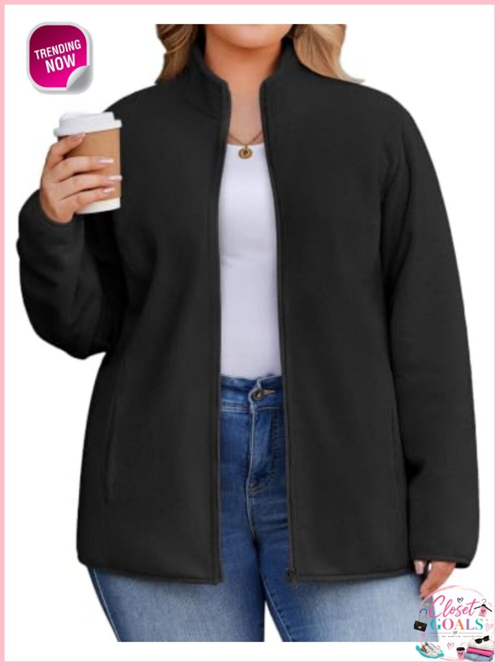 Plus Size Fleece Jacket Full Zip Lightweight Coat Polyester - Picture 5 of 6